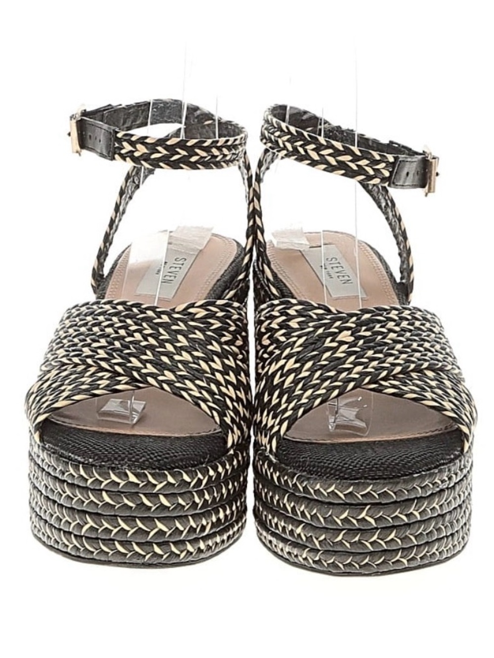 Steven By Steve Madden Black and Natural Braided Platform Wedge Sandals